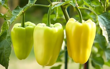 Vibrant Yellow and Green Bell Peppers Hanging on Plant