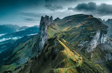 Landscape of rocky mountain ridge of Saxer Lucke in Swiss Alps at Appenzell, Switzerland
