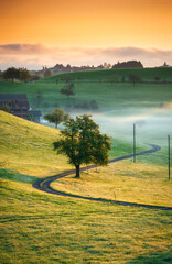 Rural scene with curved road, tree and small village in the valley and foggy morning at Switzerland