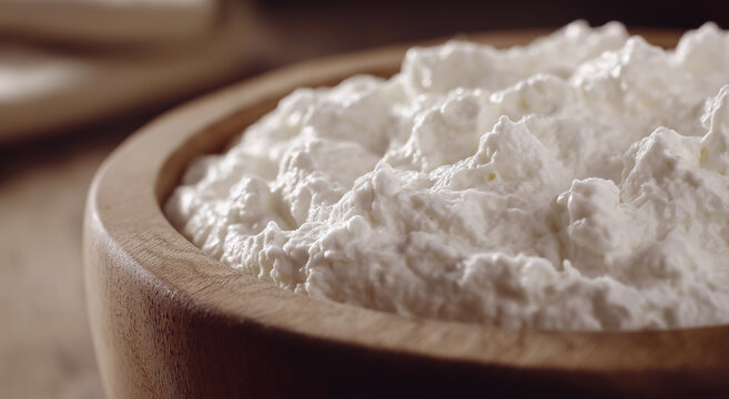 Close-up de queijo cottage fofo em uma tigela de madeira destacando sua textura suave, perfeito para fotografia de alimentos e exibi&ccedil;&otilde;es de produtos l&aacute;cteos com amplo espa&ccedil;o para texto