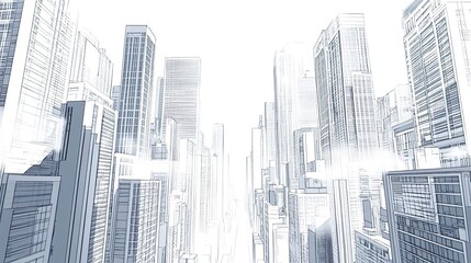 Naklejka premium Contemporary cityscape in vector format, clean gray outlines of streamlined high-rises on a crisp white background, balanced proportions evoking a high-end aesthetic 