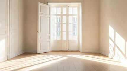 A clean, empty room with bright light pouring through the doorway, creating a bright, inviting atmosphere.