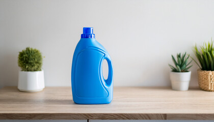 Blue plastic bottle of laundry detergent on wooden counter. Washing liquid.