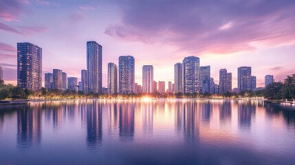 Naklejka premium Contemporary skyline of sleek buildings standing tall under a pastel sunset, warm and cool tones blending seamlessly, the calm water capturing the scene in perfect symmetry 