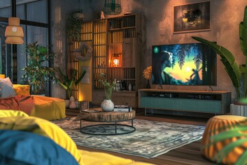 Relax Room Interior with Couch and Tv Set, Shelf with Decoration, Mockup Screen
