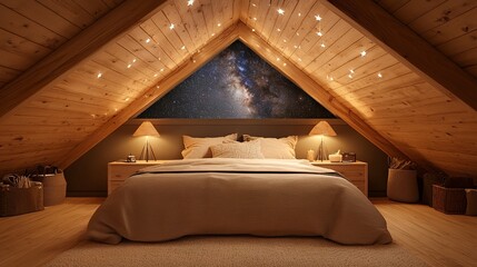 Cozy attic bedroom with sloped wooden ceilings, a skylight framing the stars, a bed with warm beige linens, soft lighting from bedside lamps