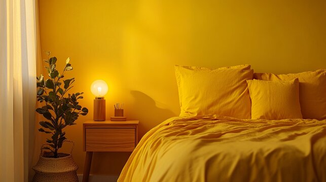 Cozy bedroom with vibrant yellow walls, a bed draped in golden yellow sheets and pillows, a wooden nightstand holding a small lamp, and soft natural lighting creating a warm atmosphere 