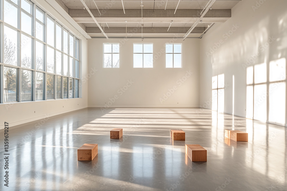 Poster Empty gallery space with large windows, sunlight casting shadows on polished floor, simple wooden blocks arranged on floor, showcasing blank space for art display or advertisement
