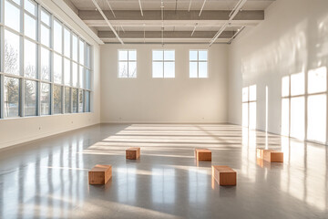 Empty gallery space with large windows, sunlight casting shadows on polished floor, simple wooden blocks arranged on floor, showcasing blank space for art display or advertisement