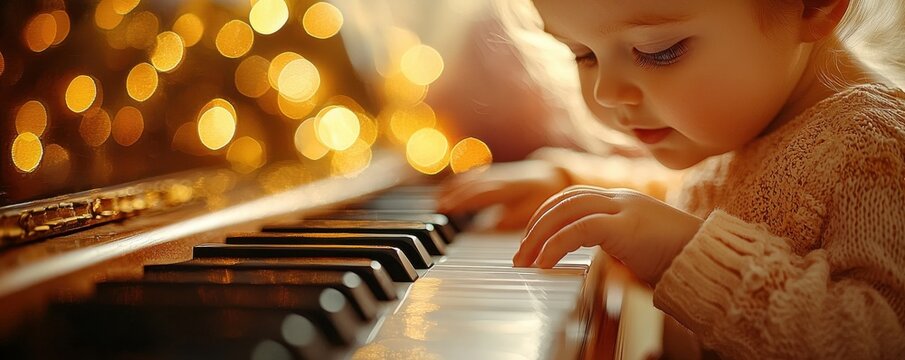 Close-up of a young girl playing piano keys with golden lights background