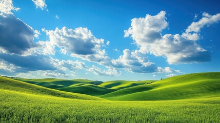 Obraz premium Rolling green hills under a vibrant blue sky, fluffy white clouds scattered above. Perfect for nature, travel, or environmental projects needing a peaceful, idyllic backdrop.