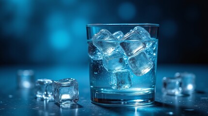 A glass filled with clear liquid and ice cubes against a dark background.