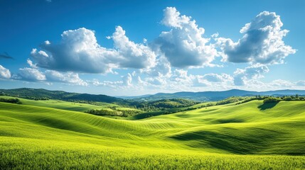 Obraz premium Rolling green hills under a bright blue sky, fluffy white clouds dot the horizon. Perfect for nature, travel, or agriculture projects needing a serene landscape.