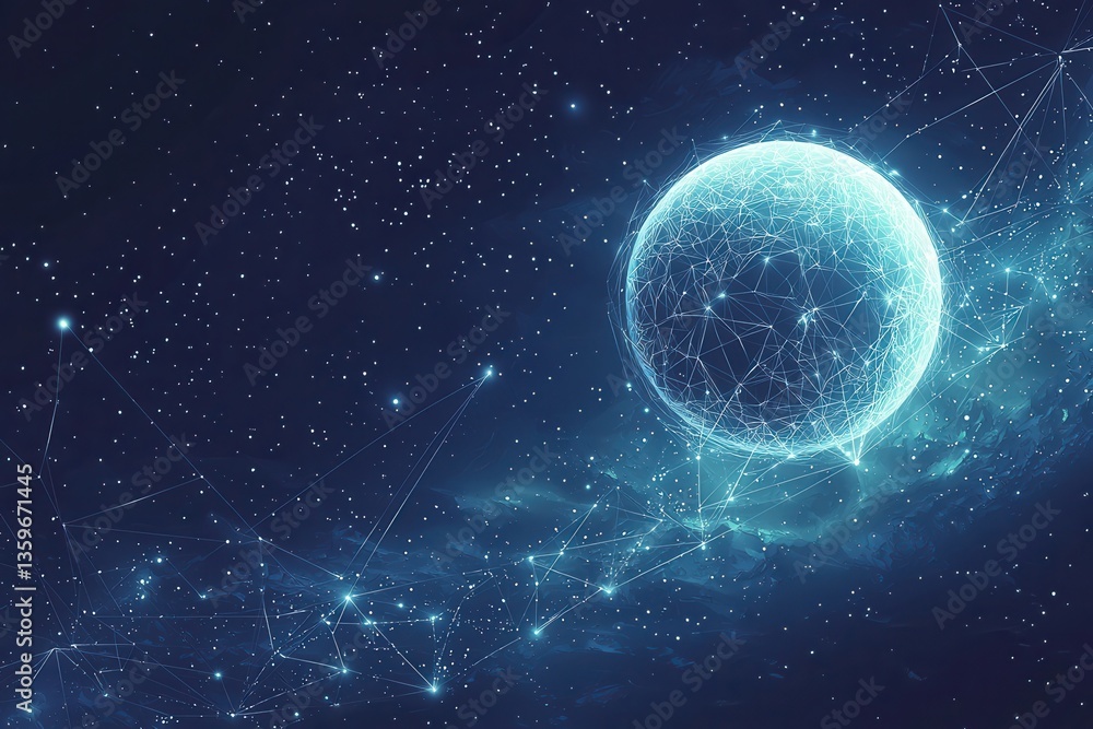 Poster futuristic digital sphere in space with a web of glowing connections