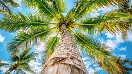 Obraz premium A close-up of vibrant green palm fronds of a coconut tree stretching toward a bright blue sky.