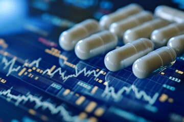 Close-up of several capsules on a blue graph, showcasing pharmaceutical market trends, representing data analysis in the healthcare industry