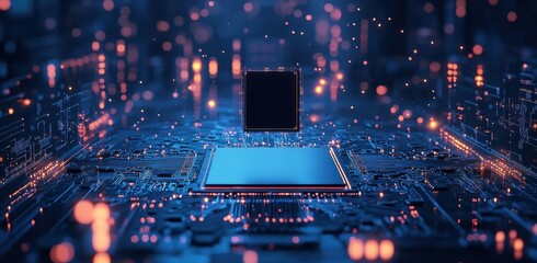 Advanced blue circuit board with floating microchip and glowing technology lines