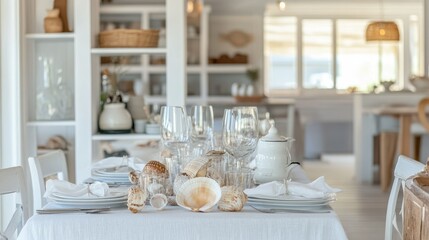 Fototapeta premium A coastal-inspired dining space with a white linen tablecloth, seashell decorations, and a relaxed beach house atmosphere.