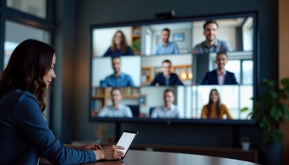 Woman in Video Conference with Colleagues on Large Screen