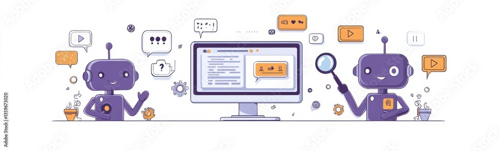 Poster flat illustration of chatbots interacting with digital elements and displaying teamwork