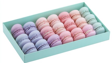 A colorful set of pastel macarons, arranged in a neat box, each macaron in shades of pink, mint, and lavender.