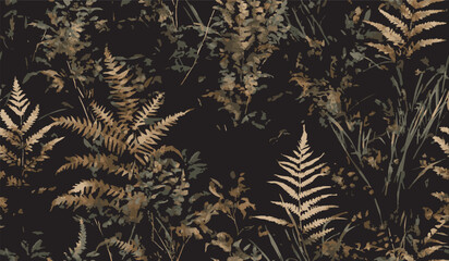 Dark Forest Camouflage Pattern with Ferns and Foliage. Nature-Inspired Tactical Design. © amir