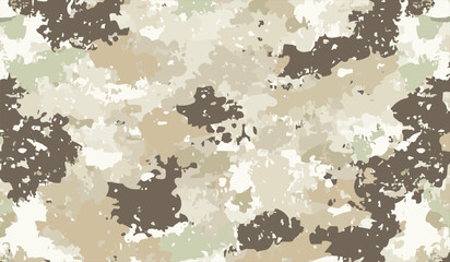 Brown beige camouflage seamless grunge pattern. Modern urban camo texture, fashionable fabric. Desert masking color. Stock vector illustration.
