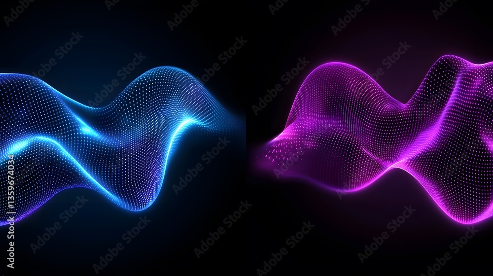 Poster abstract renderings of glowing waveform shapes against a dark background