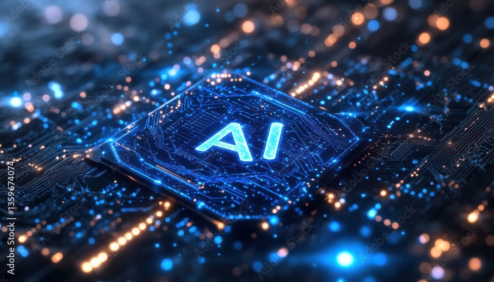 Poster high-tech ai processor with glowing circuit board details and futuristic design