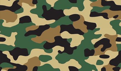 Naklejka premium Camouflage seamless pattern. Trendy style camo, repeat print. Vector illustration. Khaki texture, perfect for military army design.