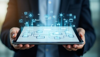 Person holding tablet with digital interface graphics