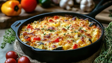 A delicious vegetable casserole served in a cast-iron dish, with a golden, cheesy topping and colorful vegetables inside.