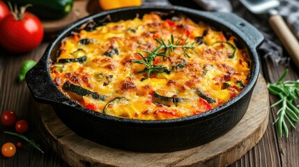 A delicious vegetable casserole served in a cast-iron dish, with a golden, cheesy topping and colorful vegetables inside.