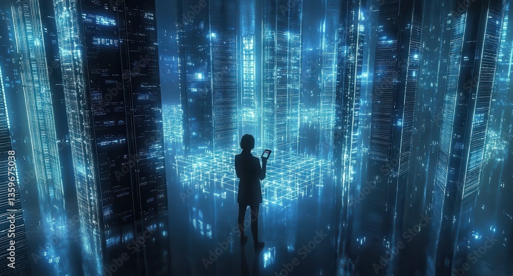 Poster silhouette in a virtual data universe with illuminated digital patterns
