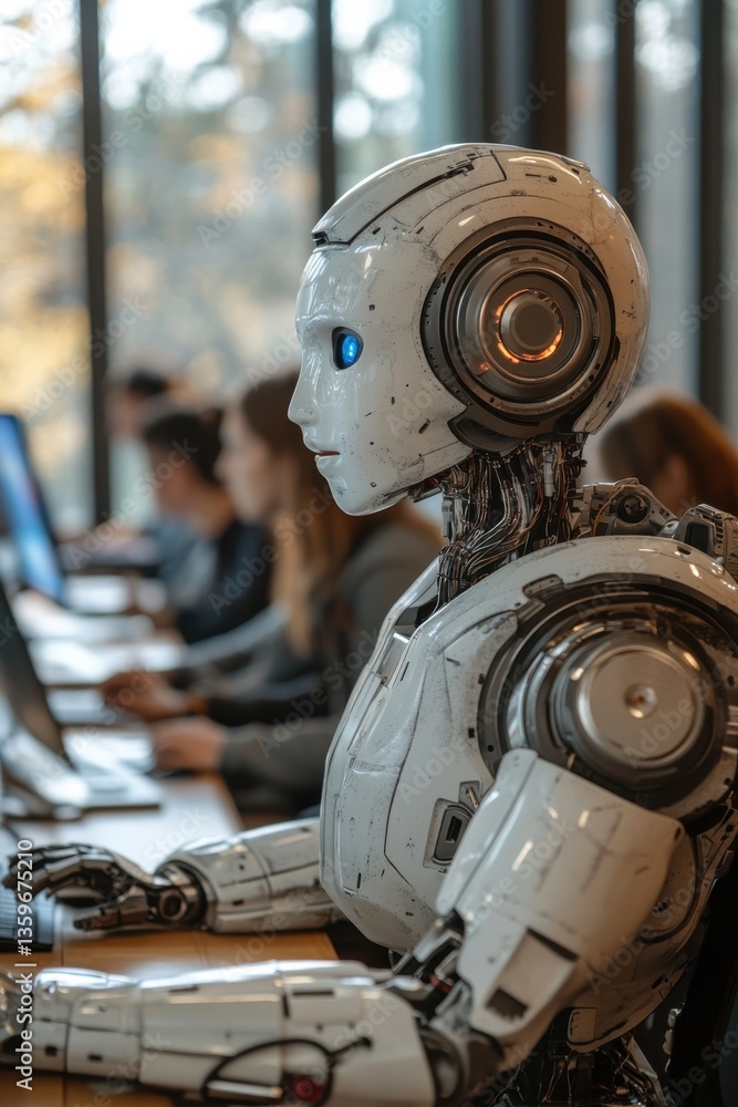 Poster futuristic robot working at a desktop computer in a modern office environment