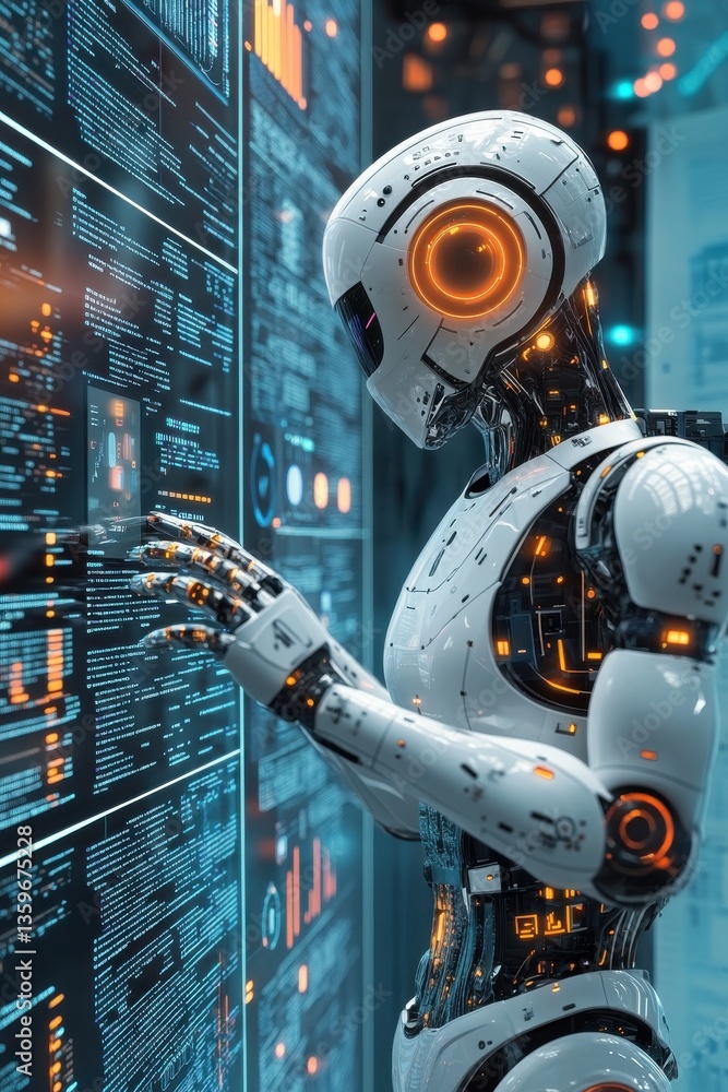 Poster futuristic humanoid robot analyzing data on a high-tech digital interface
