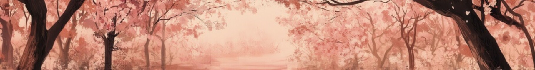 Fototapeta premium Watercolor forest with cherry blossoms in soft pink tones, symbolizing spring beauty and tranquil zen. Perfect for romantic banners, meditation art, and seasonal decorative designs.
