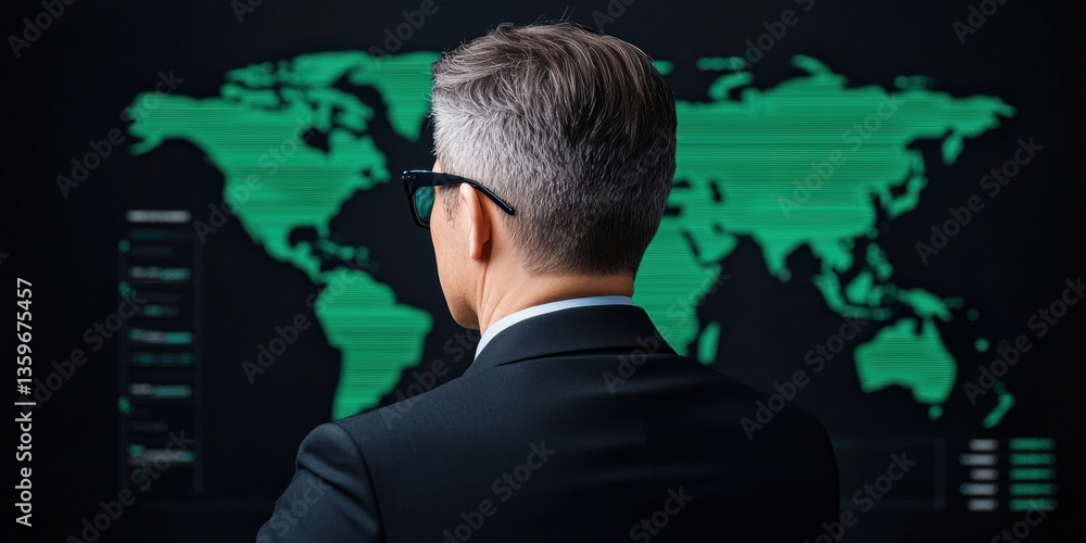 Poster business analyst observes digital world map on screen, analyzing data trends and insights with focus