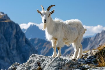 Obraz premium Saanen goat Capra hircus standing on a rocky mountain trail its pure white coat glowing under the bright morning sun A clear blue sky and distant mountain peaks complete the serene backdrop