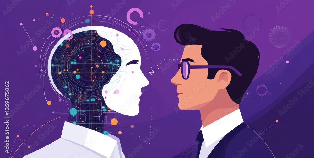 Poster human and ai interaction depicted with futuristic digital and face concepts