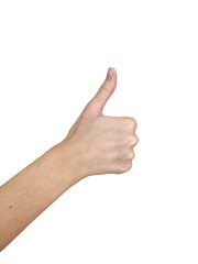 Caucasian adult giving thumbs up gesture on black background.