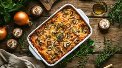 A freshly baked vegetable casserole with mushrooms, onions, and a crispy topping, surrounded by fresh herbs.