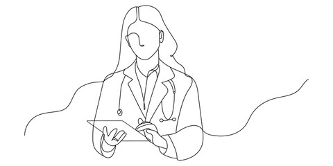 Continuous line drawing of doctor activities, medicine, patient, doctor, healthcare. Hand drawn single line vector illustration