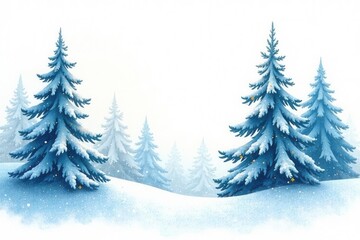 Fototapeta premium Snowy fir trees, winter watercolor wash, white background, graphic, image, icy