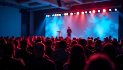 Audience watching a speaker on stage with colorful lights