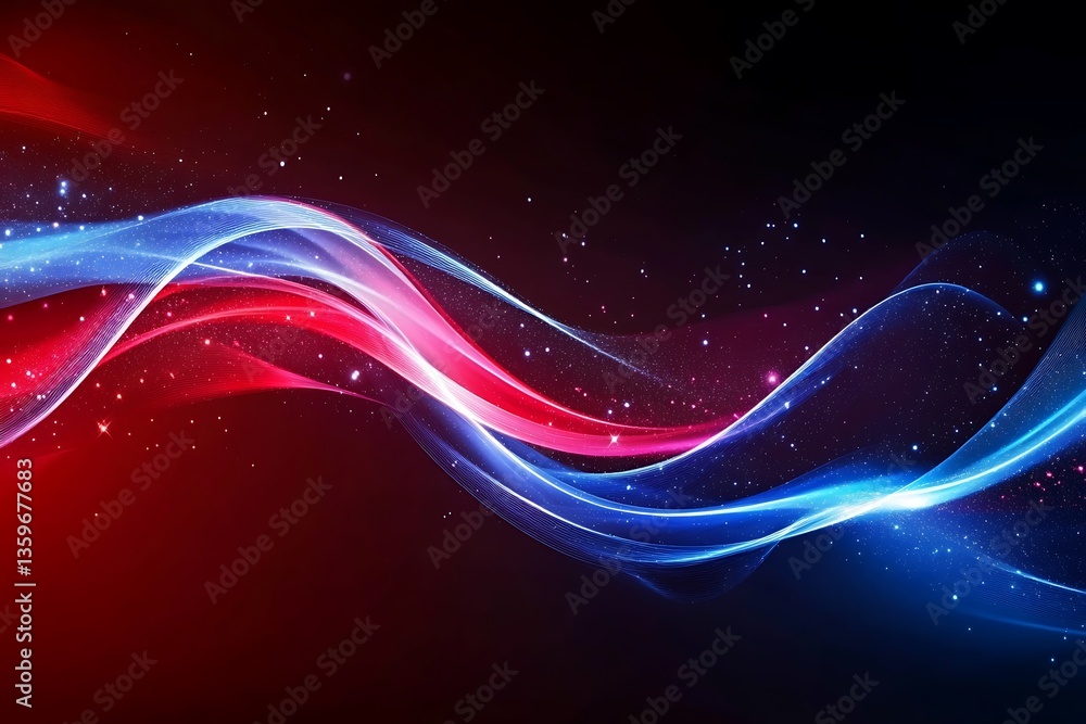 Poster abstract red and blue glowing wave on dark background.