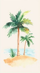 A serene watercolor illustration of palm trees on a sandy beach with gentle waves in the background, evoking a tropical paradise feel.
