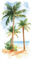 Fototapeta premium A serene beach scene featuring tall palm trees against a soft watercolor sky, perfect for vacation and travel themes.