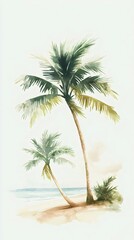 A serene watercolor of tropical palm trees by the beach, capturing a calming coastal atmosphere and natural beauty.