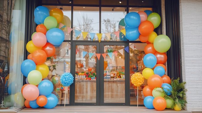 A boutique shop window decorated with grand opening banners and balloons.